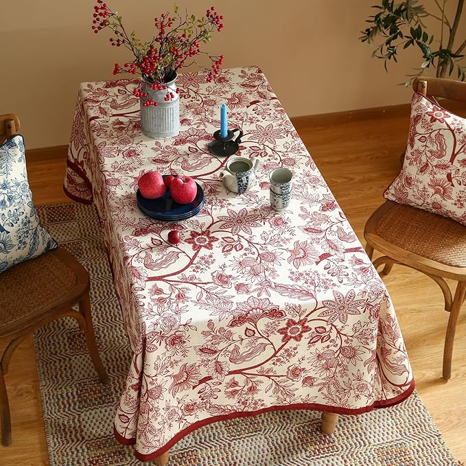 ISAENNE Designer French Linen Long Rectangle Tablecloth,Red Floral Washable Indoor Table Cloth,Durable Home Decor Tablecloths for Dining Thanksgiving Kitchen Party Christmas,63"*94"-Ruyi A