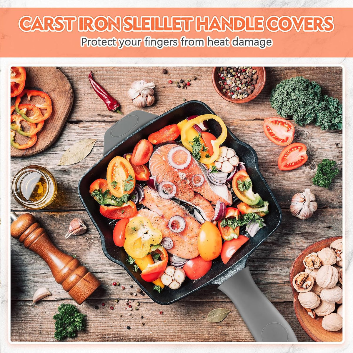 Domensi 4 Pcs Silicone Hot Handle Holder Set Cast Iron Skillet Handle Covers Heat Resistant Silicone Assist Handle Holder for Frying Pans Cast Iron Skillet Griddles Cookware(Grey)