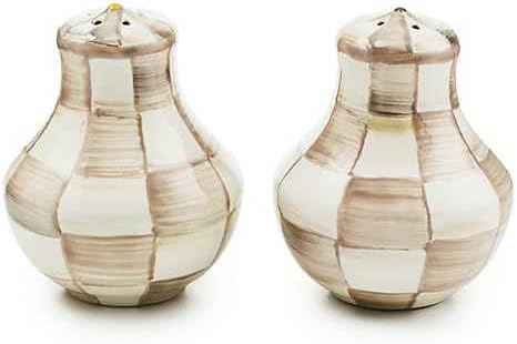 MACKENZIE-CHILDS Enamel Salt and Pepper Shakers, Kitchen Table Spice Shaker Set, Brown-and-White Mocha Check, Small