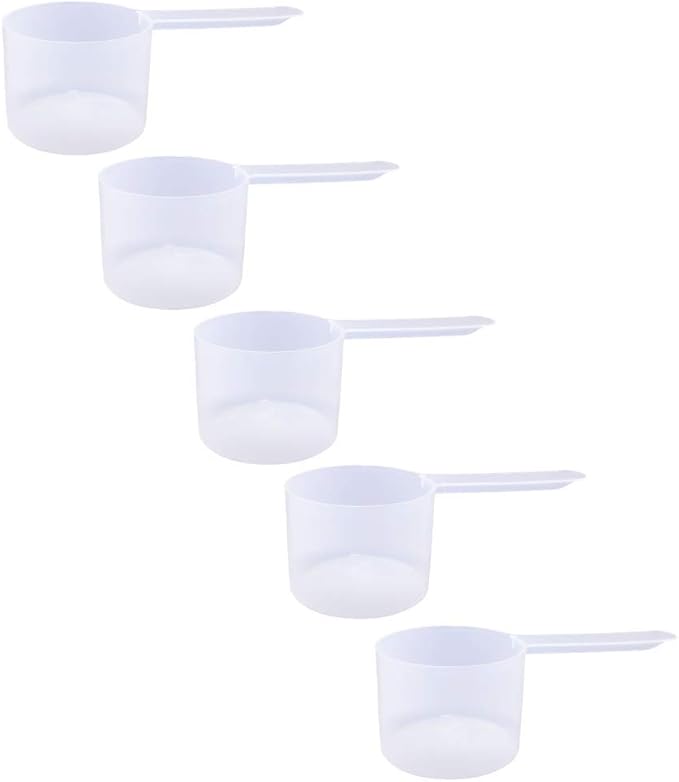 Plastic Measuring Scoop, 6 Tablespoon (90 cc | 3/8 Cup | 3 oz. | 90 mL) Long Handle Spoons for Powders, Granules, Coffee, Pet Food, Baking Supplies, Protein and Other Dry Goods, BPA Free (Set of 5)