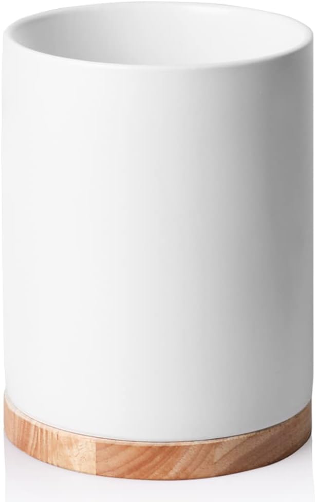 Sweejar Kitchen Utensil Holder with Wooden Bottom, 8.2" Ceramic Utensil Crock to Hold Spatulas for Cooking Countertop, Housewarming, Wedding, Birthday Gift (White)