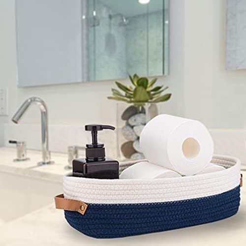 Set of 2 Toilet Basket,Woven Storage Basket for Toilet Tank Top Farmhouse Home Decor Organizing Baskets 13"x5.9"x4" Navy Stitching White