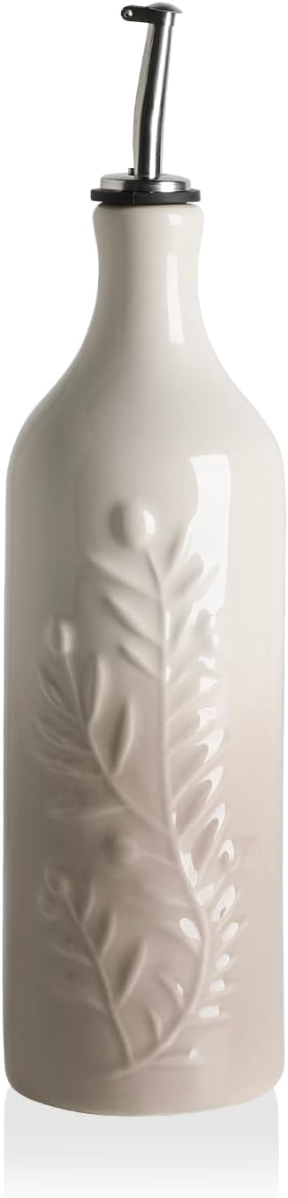 Sweejar Large Olive Oil Dispenser Bottle with Spout, 24 Oz Ceramic Oil Dispenser for Kitchen, Relief Opaque Cruet, Container for Cooking, EVOO, Vinegar, Pack of 1 (GradientFogGray)