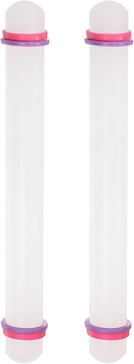 HARFINGTON 2pcs Fondant Rolling Pin with Rings PP 30cm x 2.5cm Non Stick for Baking White