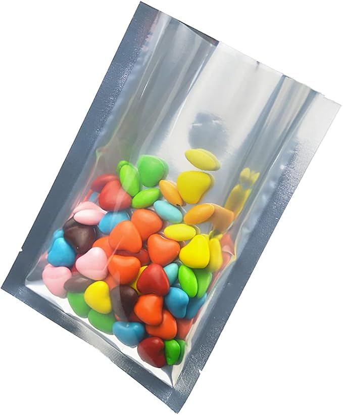 Silver Aluminum Foil Pouch Heat Seal Front Window Plastic Mini Open Top Flat Vacuum Packaging Mylar Bag Food Small Sample Mylar Storage with Tear Notch (500, 9x13cm(3.5x5.1 inch))