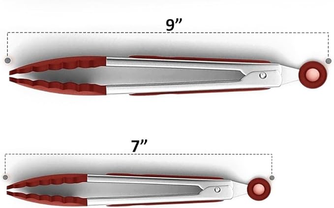 Red Stainless Steel Tongs Heat Resistant Kitchen Tongs Set - 7" & 9" Inch, BBQ Tongs with Silicone Tip, Strong Grip for Cooking, Salad Tossing, Air Fryer, and Grill Tongs- Pull Lock, Red- Set of 2