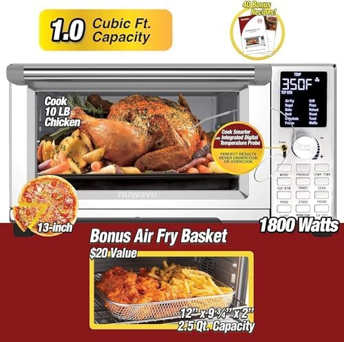 Nuwave Bravo Air Fryer Toaster Smart Oven, 12-in-1 Countertop Convection, 30-QT XL Capacity, 50°-500°F Temperature Controls, Top and Bottom Heater Adjustments 0%-100%, Brushed Stainless Steel Look