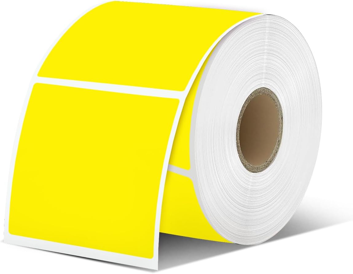 iEager Yellow Square Thermal Label Stickers, 2"x2" Self-Adhesive Square Direct Thermal Labels with Perforation Line, 500 Sheets/Roll