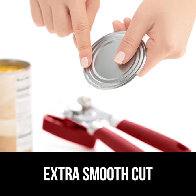 GORILLA GRIP Heavy Duty Stainless Steel Smooth Edge Manual Can Opener and Bottle Openers, Soft Comfortable Handle, Oversized Handheld Turn Knob, US Designed Multifunctional Kitchen Tool, Red