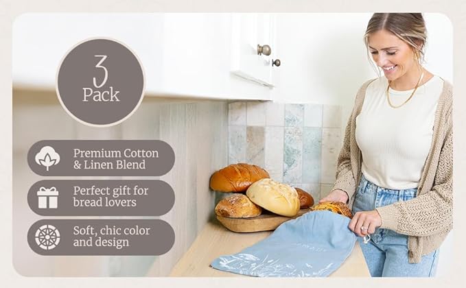 Reusable Bread Bags with Drawstring | XL Pack of 3 | Eco-Friendly Washable Linen Bread Bag & Spacious Sourdough Bread Storage | Bread Bags Reusable Keeps Your Loaf Fresh | Flower Design