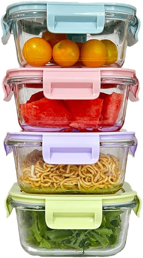 8PC Square Glass Containers With Lids, Glass Square Meal Prep Containers Set, 2 Cup Clear Small Food Containers For Soup Snack fruit, Microwave, Dishwasher, Freezer Safe - (4 color)
