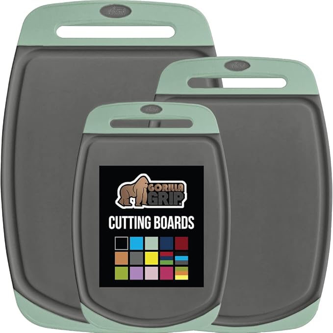 GORILLA GRIP BPA-Free Reversible Kitchen Cutting Board Set of 3, US Designed, Nonporous, Juice Grooves Catch Liquid, Slip Resistant Border, Dishwasher Safe, Durable Food Chopping Boards, Mint Gray