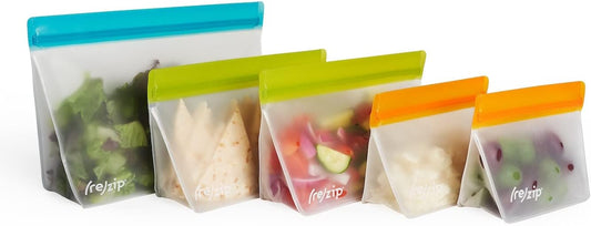 (re) zip 5-Piece Stand-Up Pack n Go Reusable Bag Kit, BPA-Free, Food Grade, Leakproof, Freezer and Dishwasher Safe, Quart (1), 2-Cup (2), Snack (2) - Multicolor