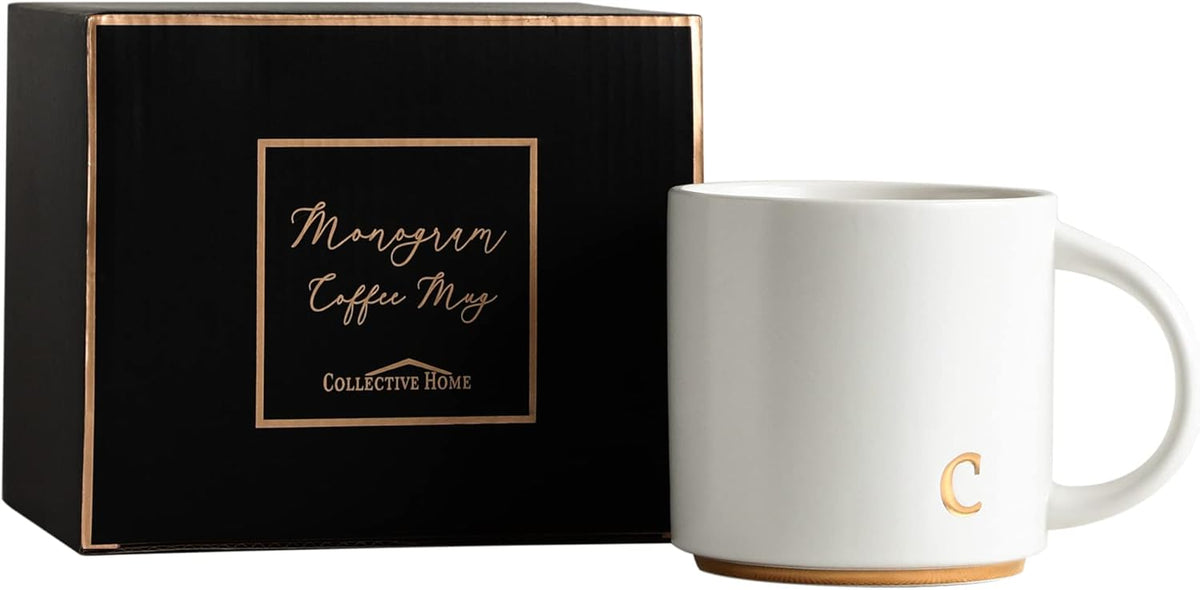 COLLECTIVE HOME - Monogram Ceramic Mugs, 15 oz Golden Initial Coffee Cups, Elegant Alphabet Tea Mugs, Elegant Personalized Mug with Gift Box, Luxurious Cups for Office and Home (c)