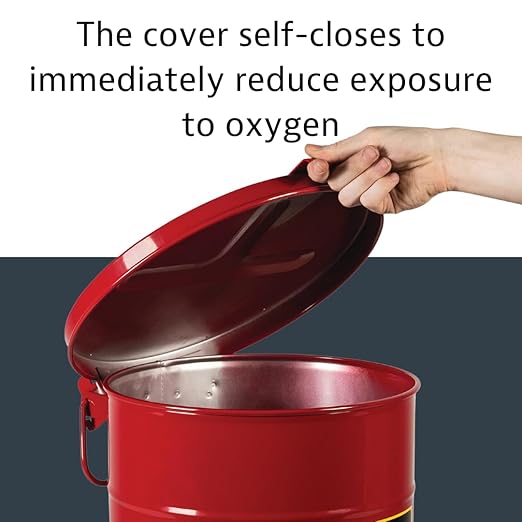 Justrite 10 Gallon Galvanized Steel Oily Waste Can, 18" x 14" Metal Oil Rag Safety Can with Hand Operated Self-Closing Lid for Oil Rag Disposal, Made in The USA, Red, 09310