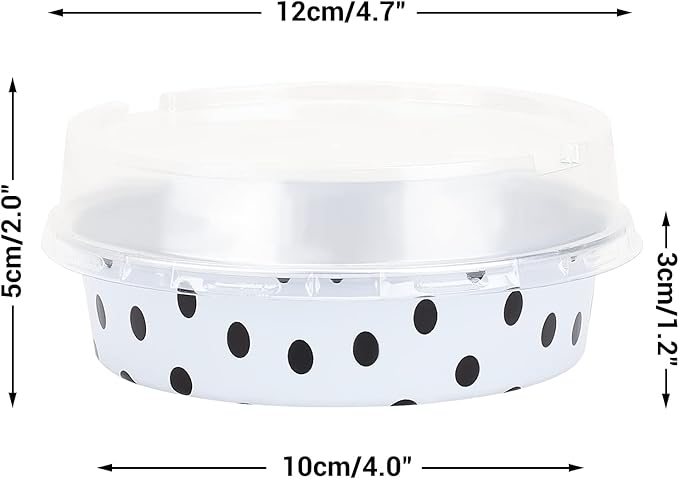 Beasea Mini Tart Pans with Lids 100 Pack, 4” 8oz Disposable Aluminum Baking Foil Tins Round Small White Black Dot Container for Individual Cupcake Dessert Muffin Ramekin Cheesecake Quiche Oven Dishes