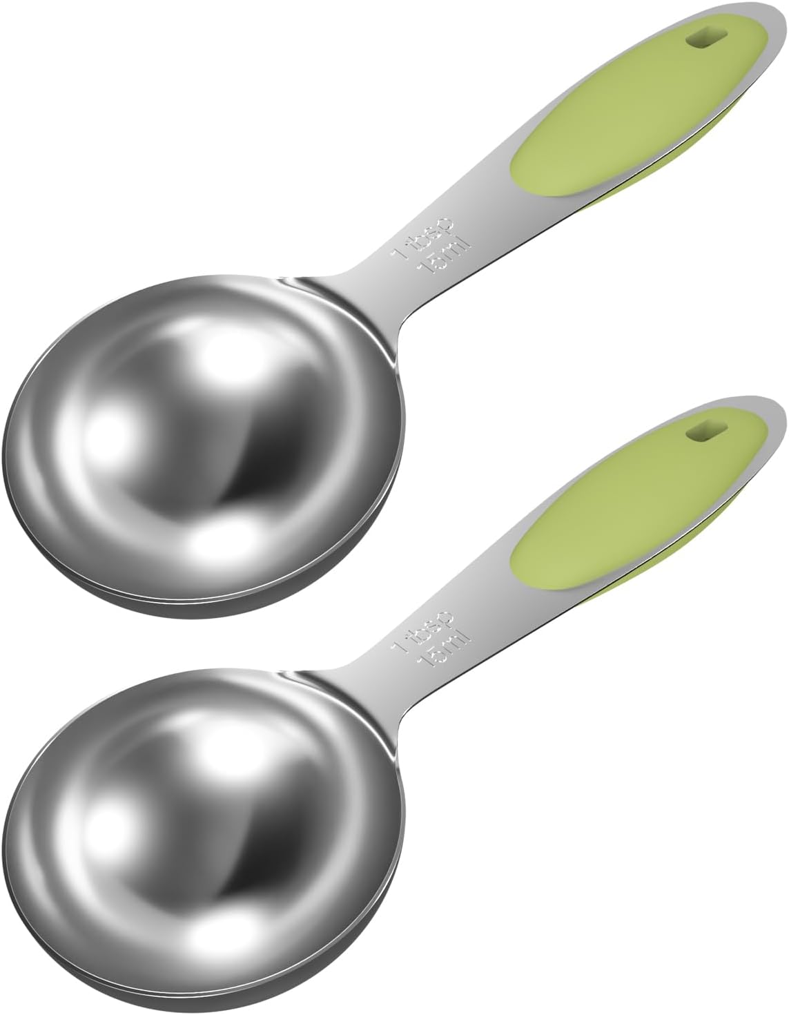 2PCS 1 Tbsp(3tsp, 1/2oz, 15ml) Single Measuring Spoon with Green Silicone Grip, Stainless Steel Individual Measure Scoop Only