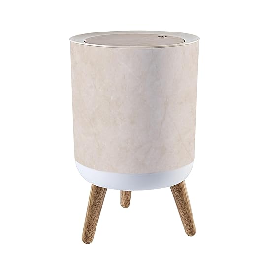 Trash Can with Lid Beige Travertine Stone Texture Press Top Round Small Garbage Bin with Wooden Legs Waste Basket for Kitchen Bedroom Nursery 7L/1.8 Gallon