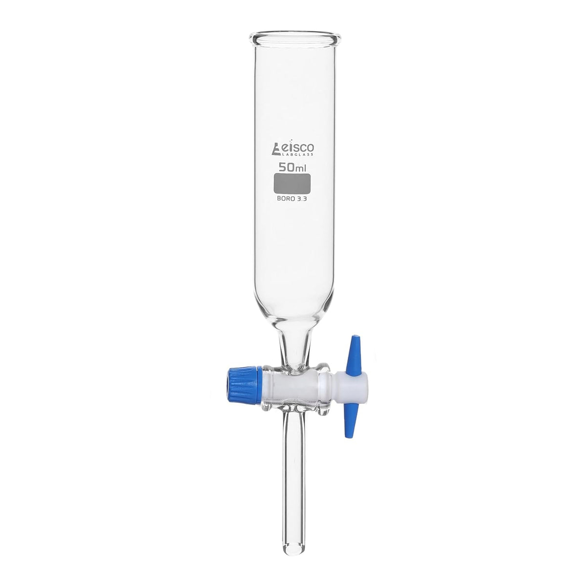 EISCO Dropping Funnel, 50ml - PTFE Key Stopcock, Open Top, Cylindrical - Ungraduated - Borosilicate Glass