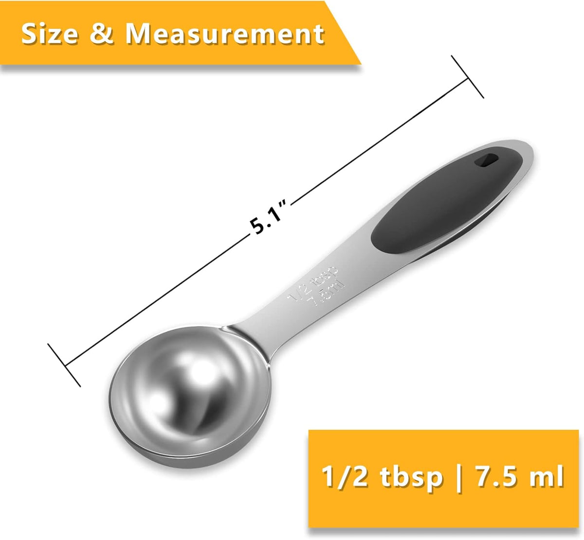 1PCS 1/2 Tbsp(1.5tsp, 1/4oz, 7.5ml) Single Measuring Spoon with Black Silicone Grip, Stainless Steel Individual Measure Scoop Only