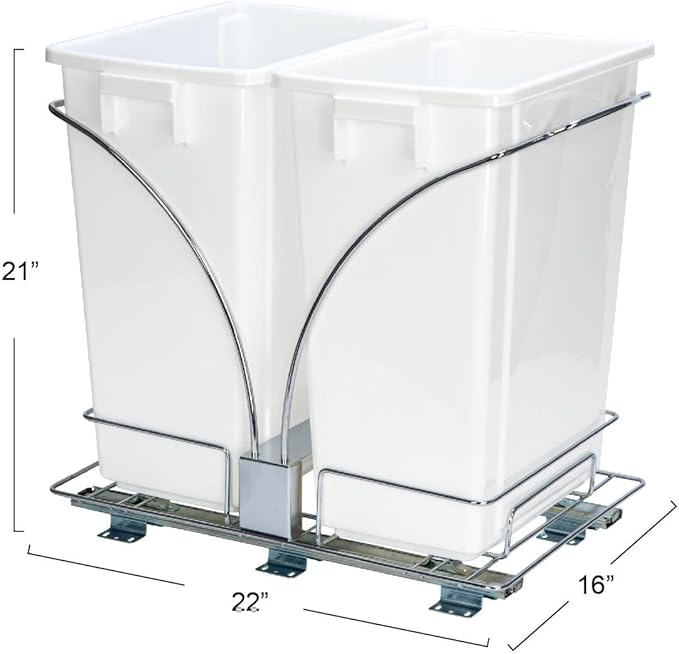 Household Essentials Glidez Chrome-Plated Steel Pull-Out/Slide-Out Discreet Double 9 Gallon Plastic Trash Cans and Recycling Bins for Under Cabinet Use - Fits Standard Size Cabinet, Chrome and White