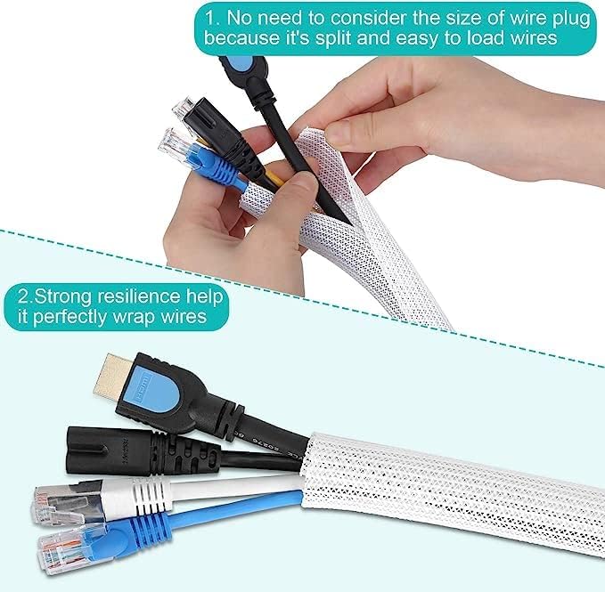 20ft - 1 inch White Cable Sleeve, Cable Organizer for Desk PC TV Computer, Wire Protector Cable Wrap Cover, Cord Management for Home Office
