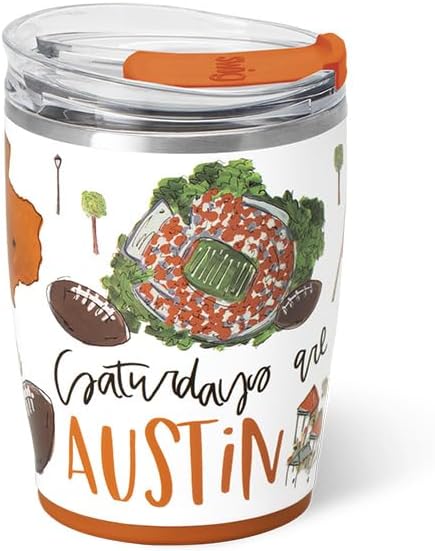 Swig Life 12oz Insulated Tumbler, Travel Coffee Tumbler with Lid, Cup Holder Friendly Travel Coffee Mug, Stainless Steel, 12 oz Reusable Insulated Coffee Mug (Saturdays in Austin)
