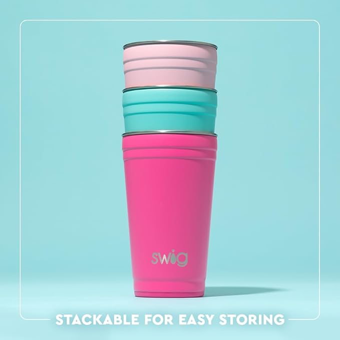 Swig Life 24oz Party Cup, Stackable Insulated Travel Coffee Tumbler with EZ Slider Lid, Cup Holder Friendly, Stainless Steel 24 oz Tumbler, Reusable Coffee Mug (Errbody Beach)