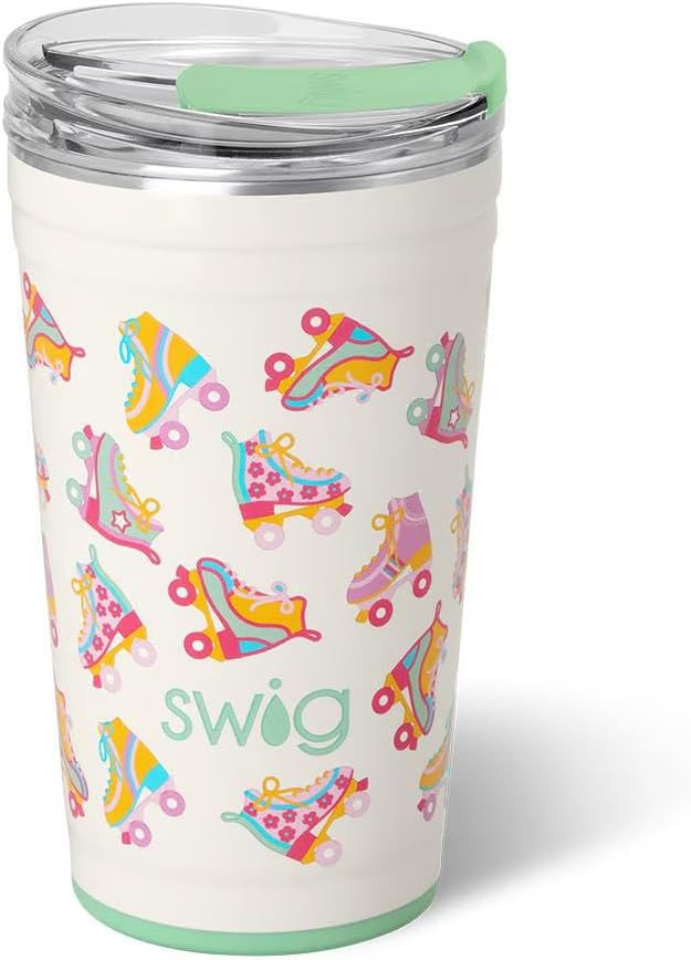 Swig Life 24oz Party Cup, Stackable Insulated Travel Coffee Tumbler with EZ Slider Lid, Cup Holder Friendly, Stainless Steel 24 oz Tumbler, Reusable Coffee Mug (Roller Rink)