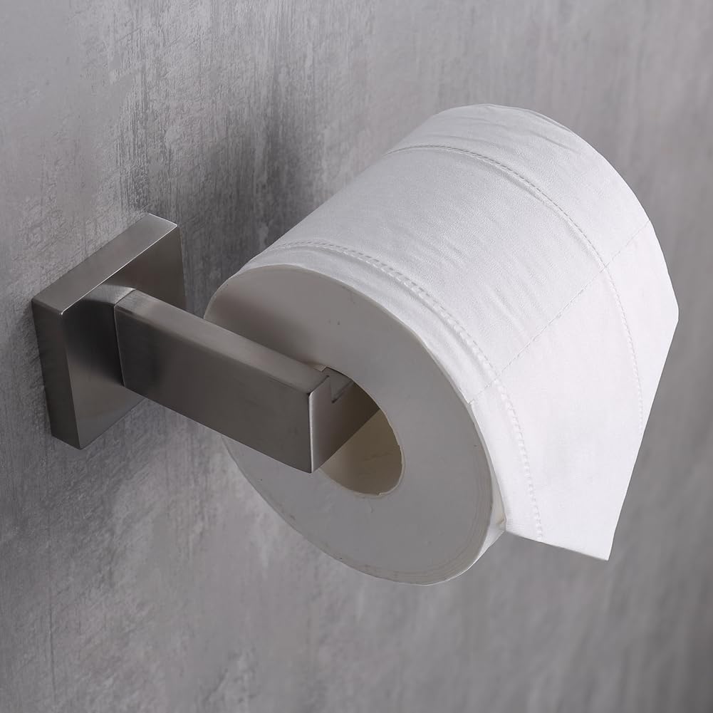 TASTOS Toilet Paper Holder Brushed Nickel 2 Pack, Toilet Tissue Roll Holders Dispenser and Hangers Wall Mounted for Bathroom & Kitchen, Stainless Steel Modern Square Style (Silver)