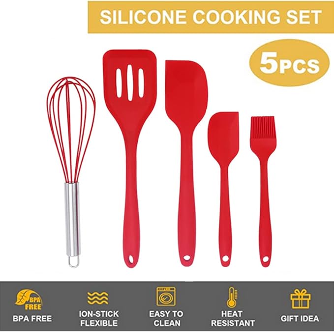 NatureMan 5 Pieces Non-Stick Food Silicone Kitchenware Utensils- Kids Cooking Sets - for Cooking Baking Mixing, Stirring-Ergonomic Dishwasher Safe（Red）