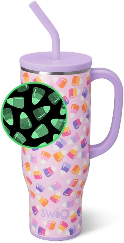 Swig Life 30oz Mega Mug, Halloween 30oz Tumbler with Handle and Straw, Large Insulated Tumblers, Cup Holder Friendly Travel Mug, Stainless Steel 30 oz Tumbler, Reusable Water Bottle (Candy Corn)