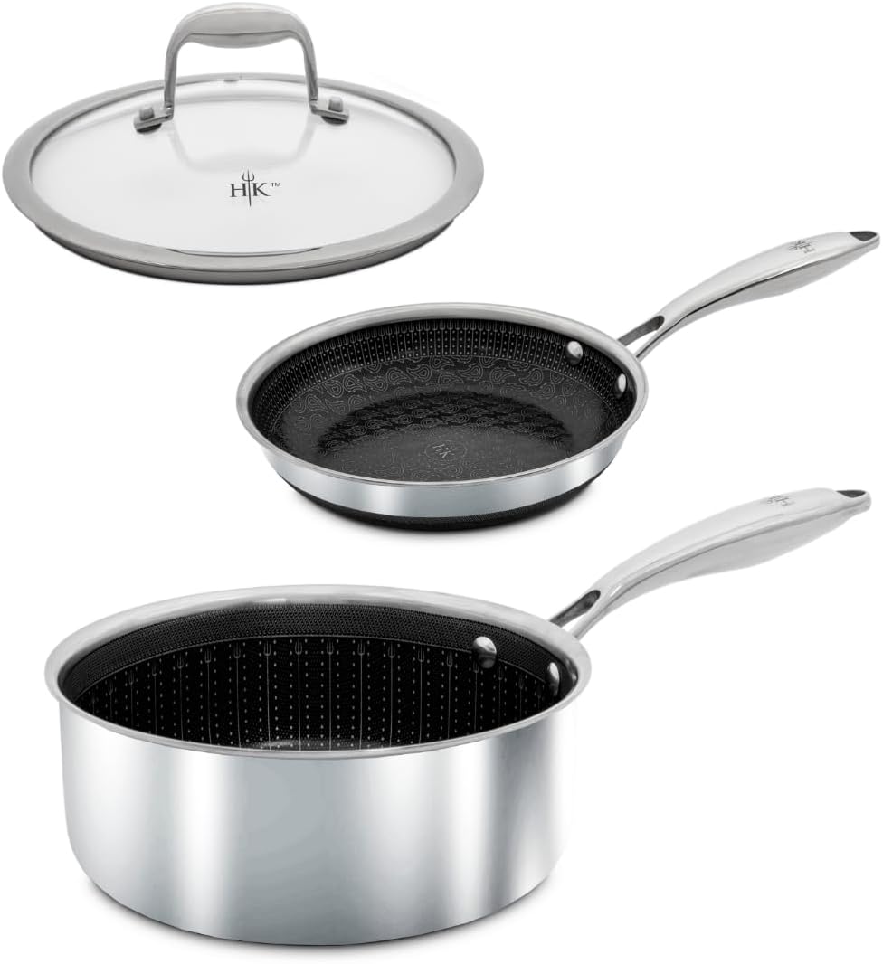 Hell's Kitchen Hybrid 3 Piece Set, 8-inch Frying Pan, 2.5 Qt Saucepan and Tempered Glass Lids, Tri-Clad Stainless Steel and PFAS-Free Ceramic Nonstick, Metal Utensil Safe, All Cooktops, Oven Safe