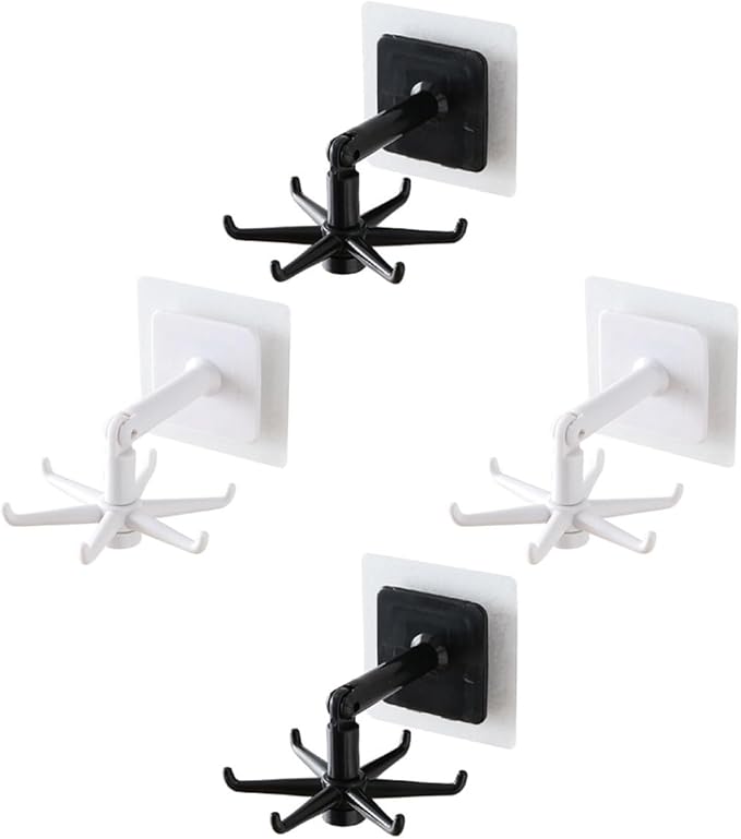 BESTOYARD 4pcs 360° Rotatable Kitchen Utensil Hooks, Under Cabinet Wall Hangers for Hanging Utensils and Masks, Black White, Space-Saving Storage for Home Kitchen Organization