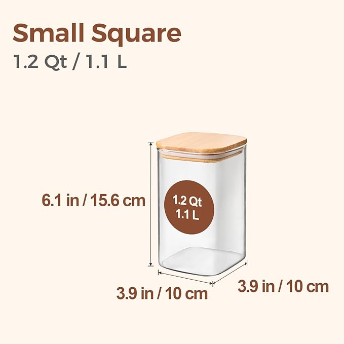 ComSaf 1.2 QT Glass Storage Containers with Lids, Glass Jars with Lids, Clear Food Jar, Square Canister Set of 6, Pantry Organizers and Storage for Cookie Flour Oat Pasta Tea Coffee Bean (Pack of 2)
