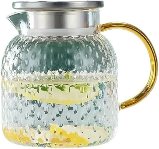 GRFIT Glass Water Pitcher with Filter Lid and Spout Pourer Heat Resistant Glass Pitcher for Hot and Cold Drinks Tea Bottle Ice Cream Homemade Water Jug (1.8L)