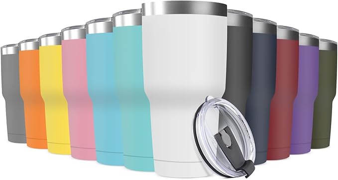 30oz Stainless Steel Travel Mug with Lid, 12 Pack Double Wall Vacuum Insulated Bulk Tumbler, Powder Coated Coffee Cup Suitable for Vehicle Cup Holders (Assorted Colors)
