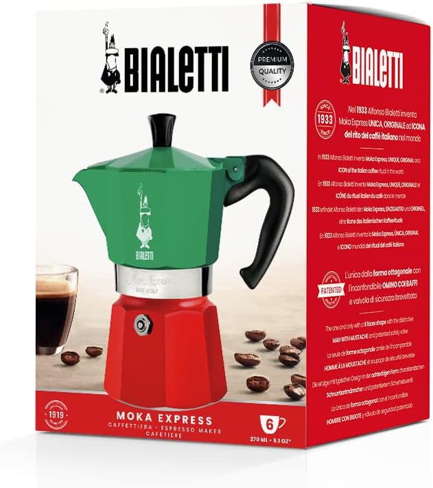 Bialetti - Moka Express Italia Collection: Iconic Stovetop Espresso Maker, Makes Real Italian Coffee, Moka Pot 6 Cups (9 Oz - 270 Ml), Aluminium, Colored in Red Green Silver