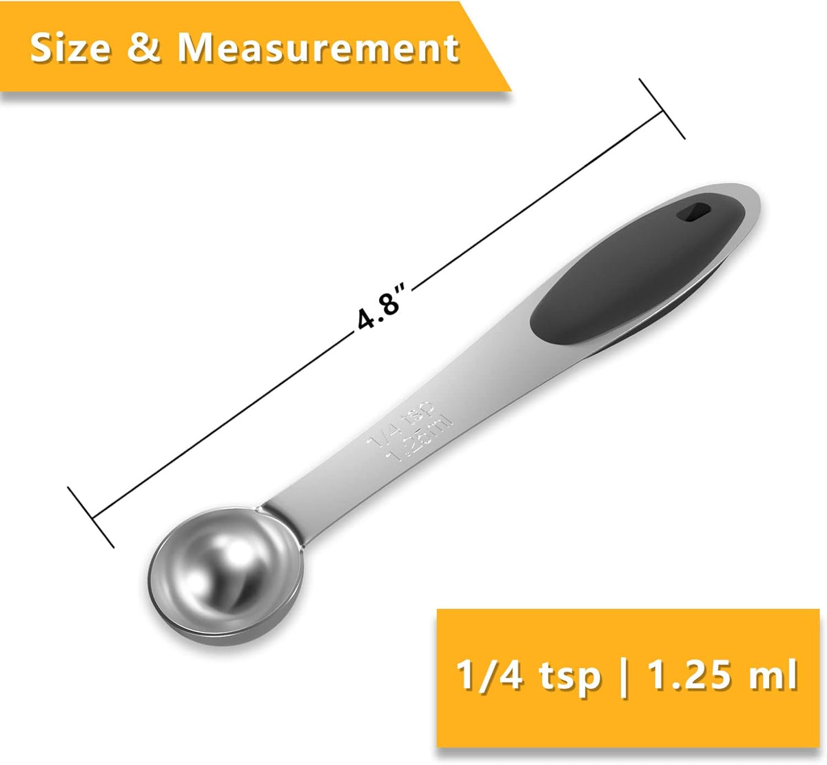 1PCS 1/4 Tsp(1.25ml) Single Measuring Spoon with Black Silicone Grip, Stainless Steel Individual Measure Scoop Only