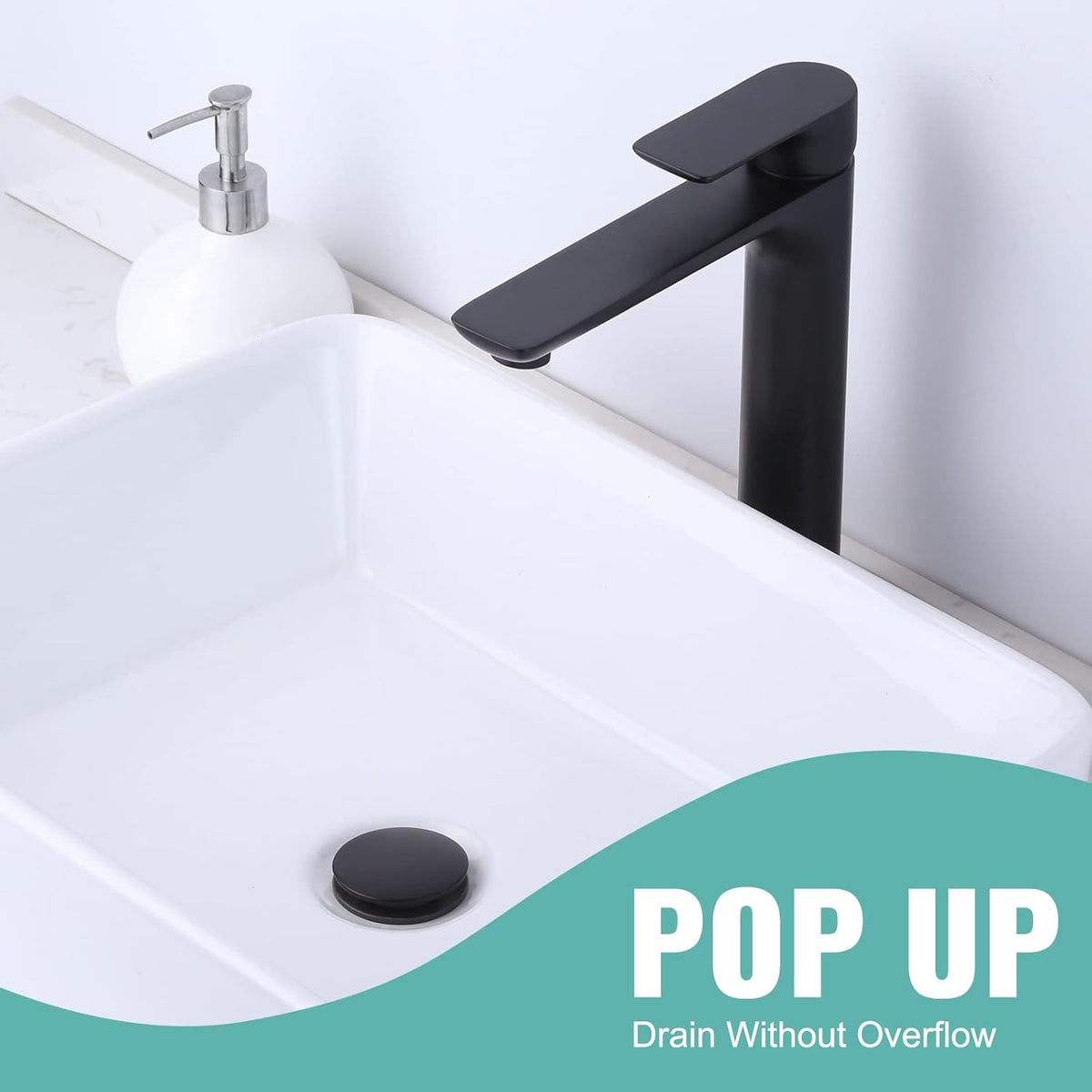 Bathroom Sink Drain Without Overflow, ARCORA Matte Black Pop Up Drain for Vessel Sink Clicker Drain Stopper