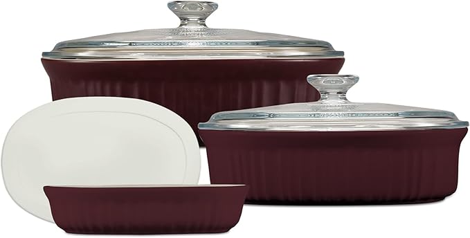 CorningWare Ceramic Bakeware Set with Lids Chip and Crack Resistant Stoneware Baking Dish, Microwave, Dishwasher, Oven, Freezer and Fridge Safe, 6-Piece French Cabernet