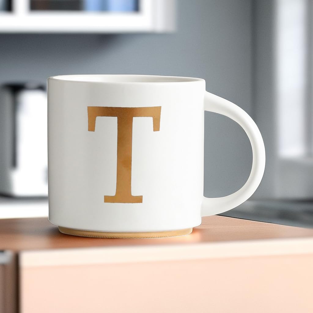 COLLECTIVE HOME - Monogram Ceramic Mugs, 15 oz Golden Initial Coffee Cups, Elegant Alphabet Tea Mugs, Elegant Personalized Mug with Gift Box, Unique Mug with Double Side Capital Letter (T)