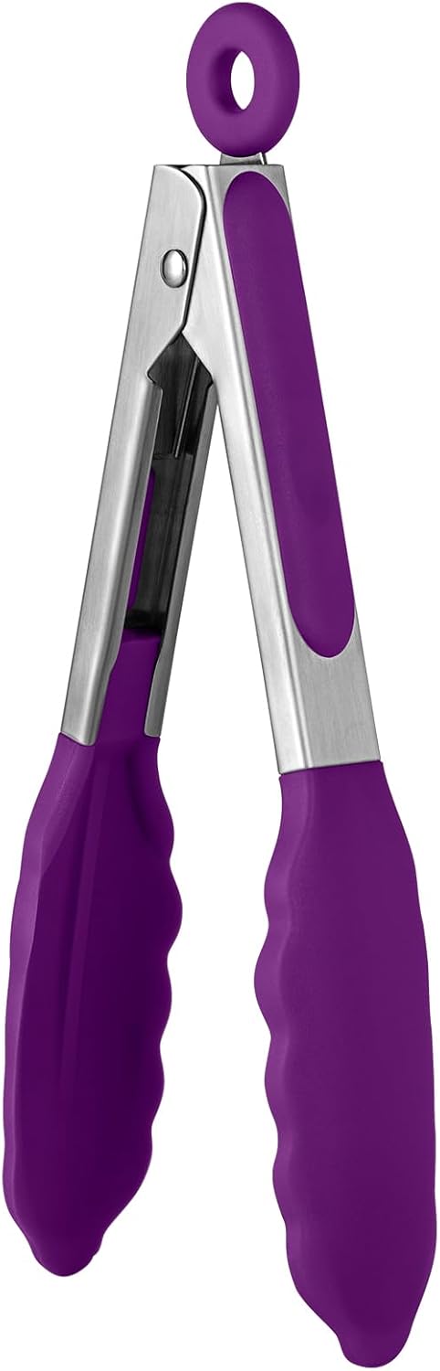 600ºF Heat Resistant Kitchen Tong: U-Taste 7 inch Silicone Cooking Tong with Firm Sealed Non Stick Rubber Tips & Silicon Coated 18/8 Stainless Steel Handle & Smooth Locking for Serving Salad (Purple)