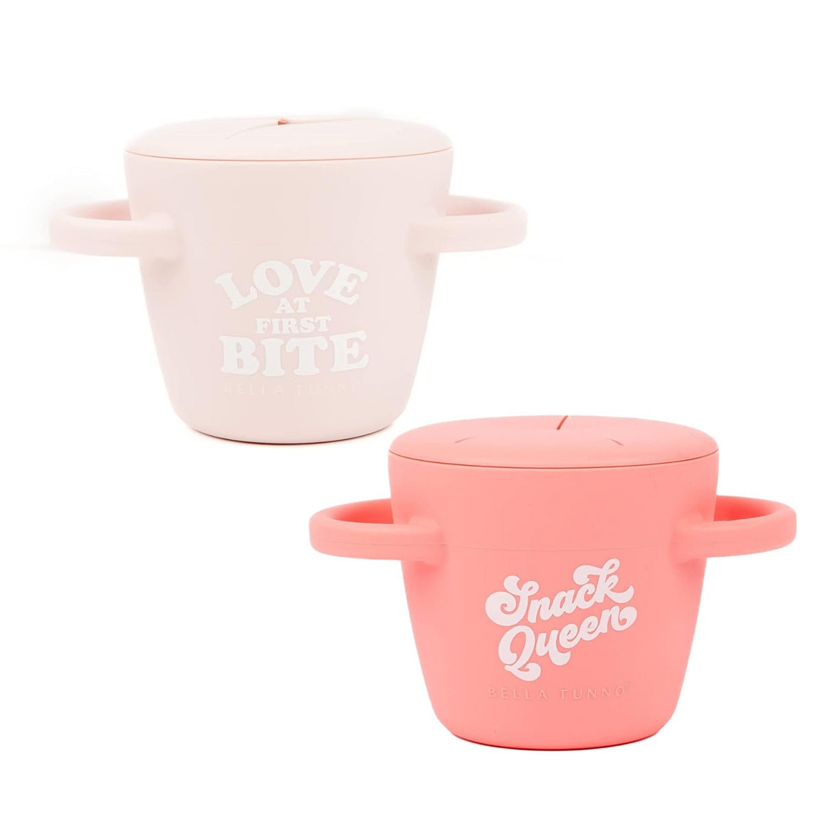 Snack Cups for Toddlers by Bella Tunno, Set of 2 Silicone Spill Proof Food Containers with Lids, Babies & Kids 6-12 Months, Love First Bite & Snack Queen