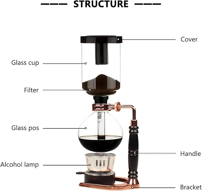 Portable Siphon Coffee Maker, Tabletop Glass Siphon Coffee Pot 5-Cup (600ml) with Alcohol Burner, Adjustable Buffer Clamp, Stainless Steel Bracket Base for Coffee Aficionados