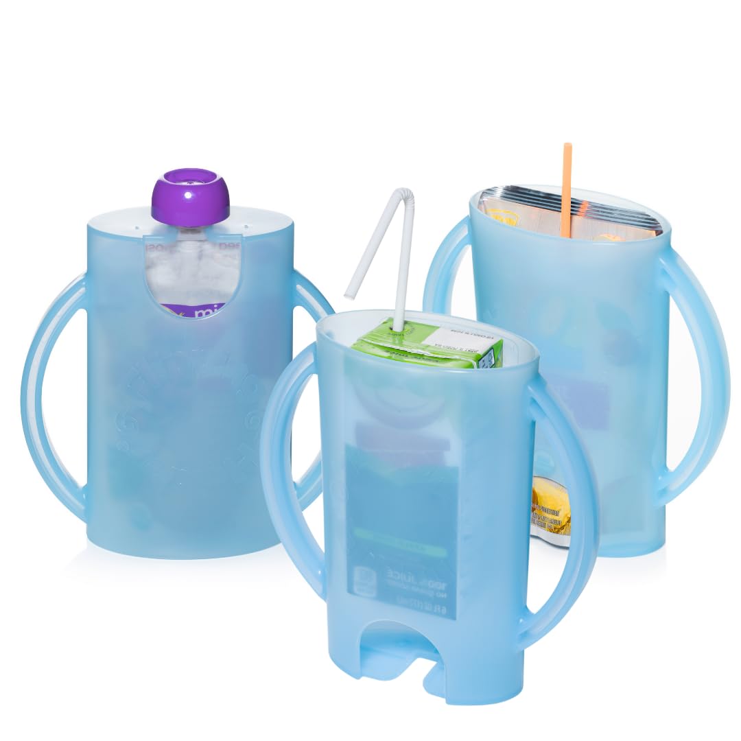 Squeeze Proof Food Pouch Holder for Toddlers, Babies, Kids, Mess Free No Squeeze Juice Box Drink and Applesauce Snack Holder with Easy Grip Handles and Lid