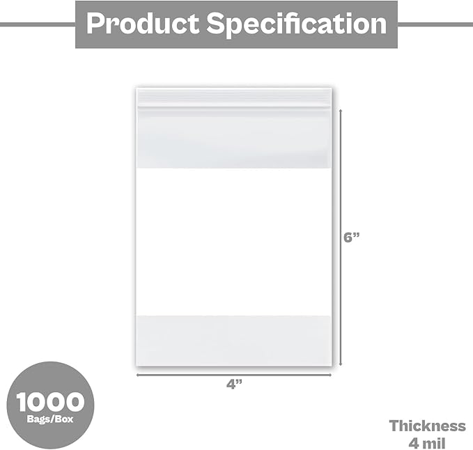 PSBM 1000 Count 4 Mil 4 Inch x 6 Inch, White Block Reclosable Poly Bags, With Write-On Block, Clear Zip Plastic Bag, Lock Seal Zipper For Packing, Storing, Organizing & Shipping Products