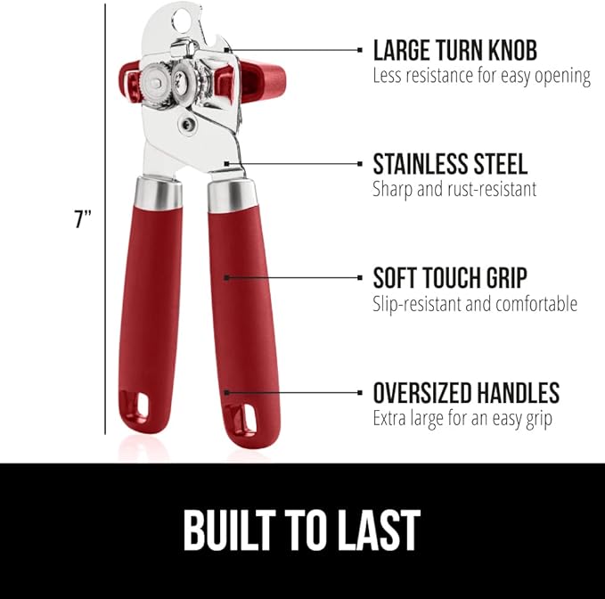 GORILLA GRIP Heavy Duty Stainless Steel Smooth Edge Manual Can Opener and Bottle Openers, Soft Comfortable Handle, Oversized Handheld Turn Knob, US Designed Multifunctional Kitchen Tool, Red