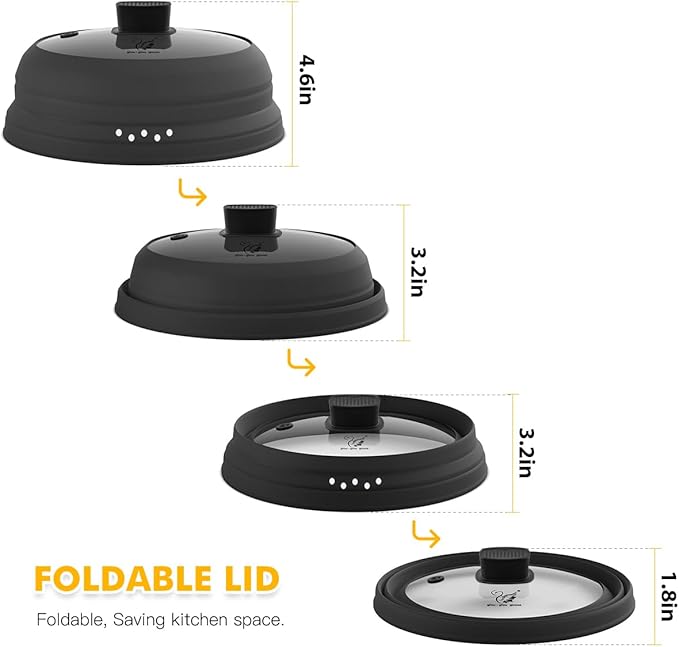 2 Pack Microwave Splatter Cover Glass Guard Lid with Collapsible Silicone for Food Pot Plate 8.5 inch and 9.8 inch Black, Tall Lid and Standard Size Lid