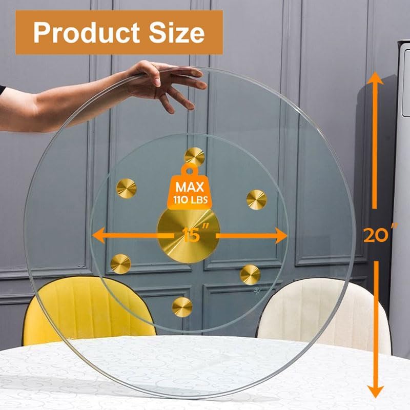 20" Tempered Glass Lazy Susan Turntable, 360° Silent-Spin Round Clear Tabletop Rotating Tray, Centerpiece for Dining Tables, Smooth Rotation, for Banquets, Weddings & Family Gatherings